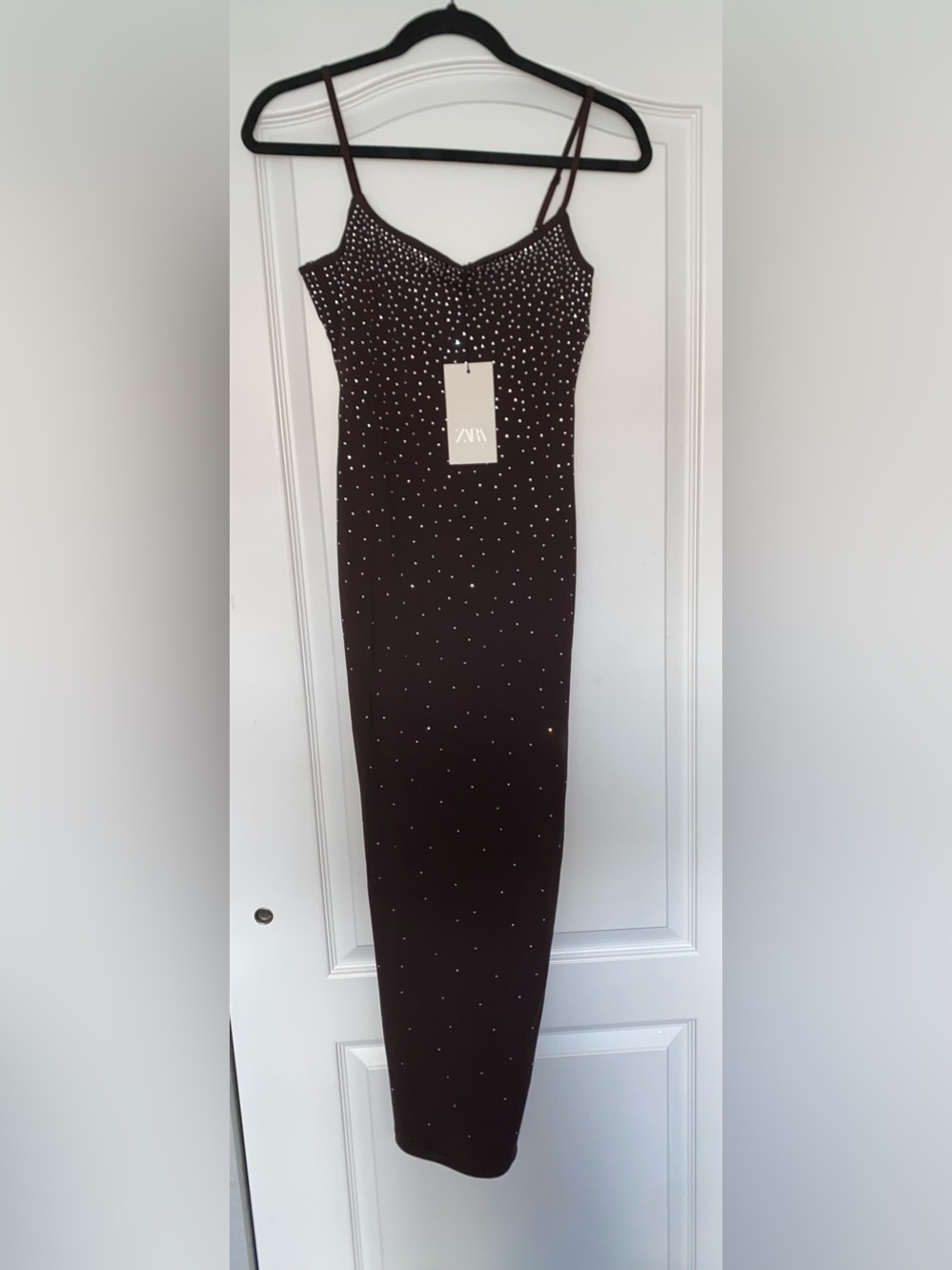Zara Brown Maxi Slip Dress with Crystal Studs - Size M NWT